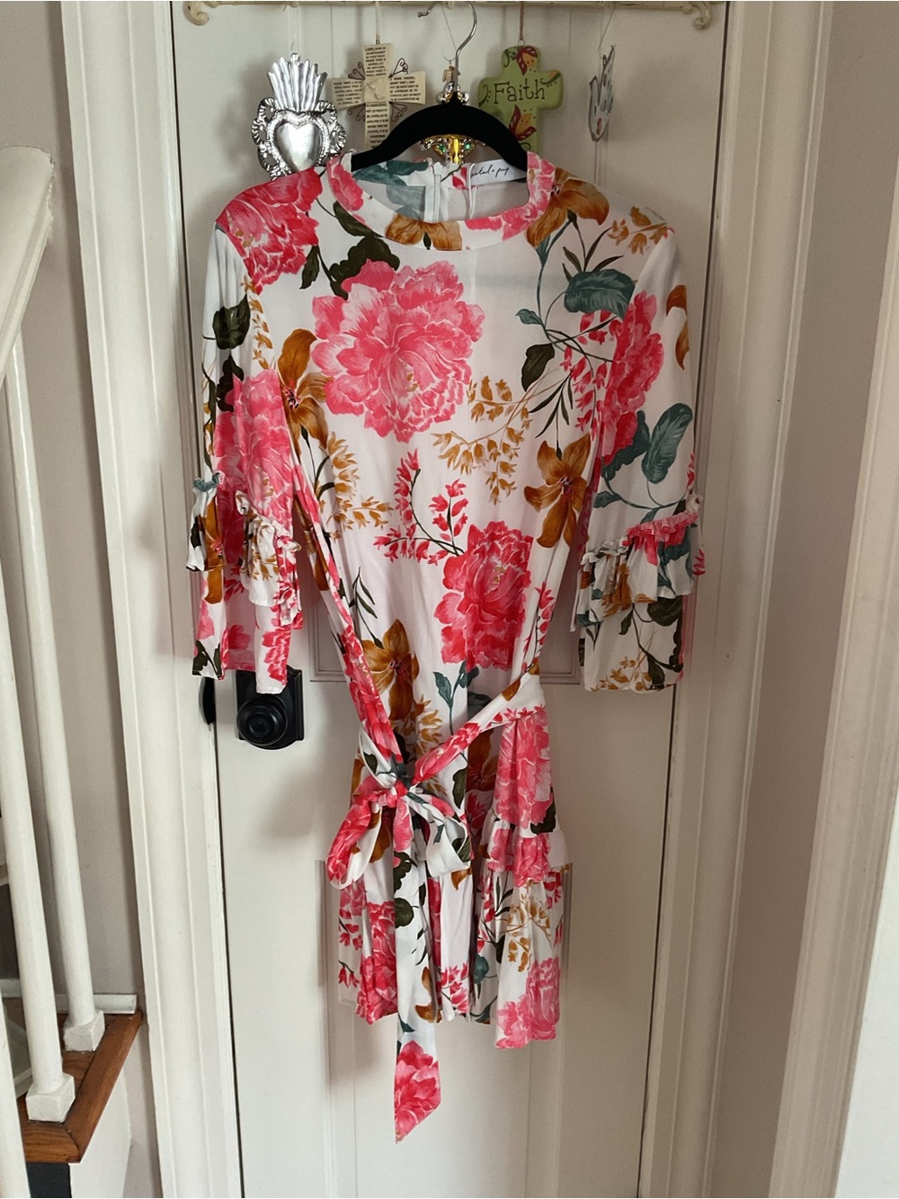 Petal & Pup Floral Tie-Waist Tunic Dress in Coral Pink & Green